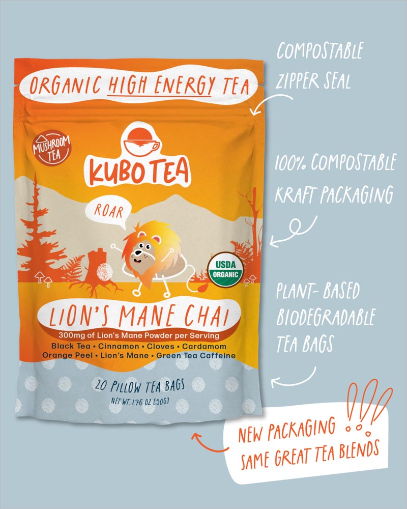 Kubo Tea Lion's Mane Black Tea - High Caffeine Coffee Substitute w/ 20 Servings (155mg Caffeine Each) - Organic Lion's Mane Tea Bags with Pillow Bag Design, Biodegradable and Compostable Packaging - Image 3